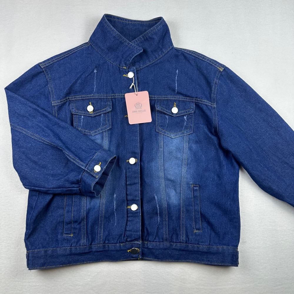 Ame Belle Denim Jacket Women XL Blue Distressed Button Up Casual Streetwear New